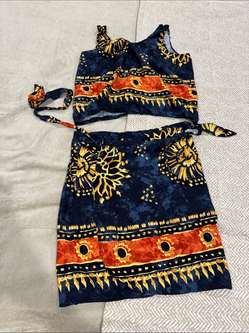 Navy Blue & Orange Printed Two-Piece Women's Dress